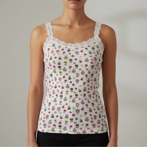 Vintage Floral Lace Trim Tank Top – Bright Y2K 90s-2000s Size Small